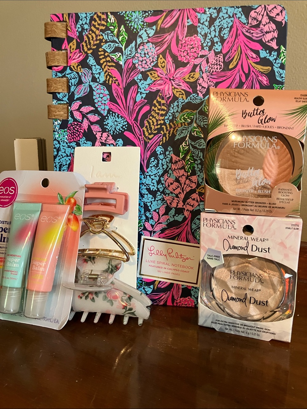 Lilly Pulitzer Notebook & 3hair clips, 2 PF Face powder, EOS lip&hand accessorys